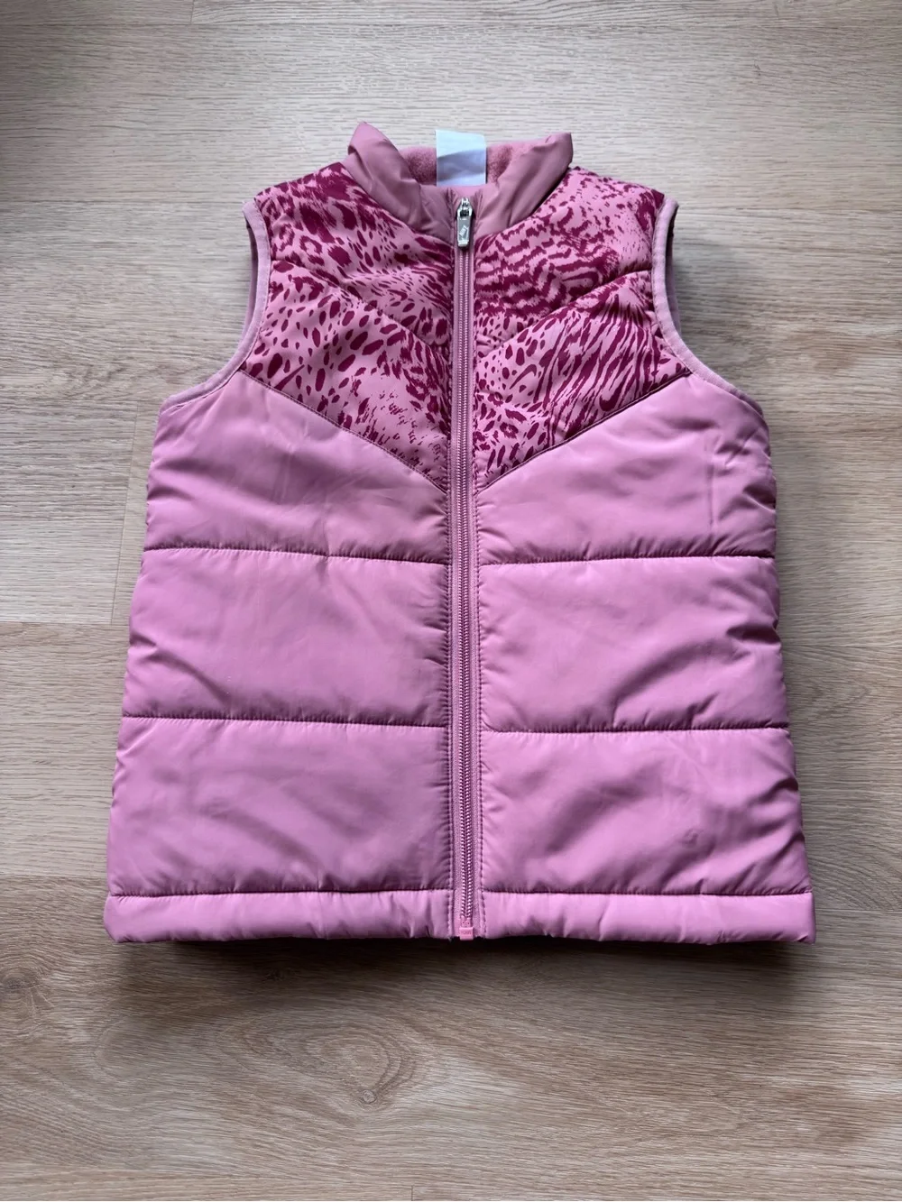 Girls Nike Pink Puffer Vest with Animal Print Yoke - Size 6/7